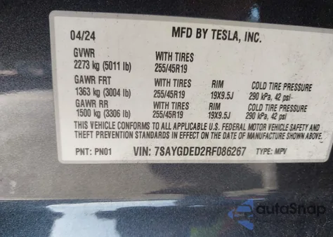 2024 Tesla Model Y Long Range Dual Motor All-Wheel Drive/Rwd from USA, damaged, VIN 7SAYGDED2RF086267
